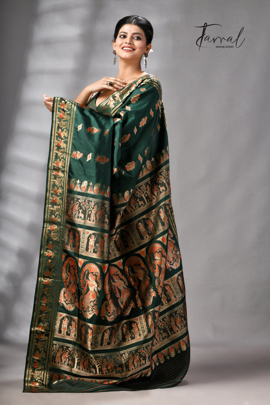 Bottle Green Bishnupuri Katan Swarnachari Silk Handloom Saree