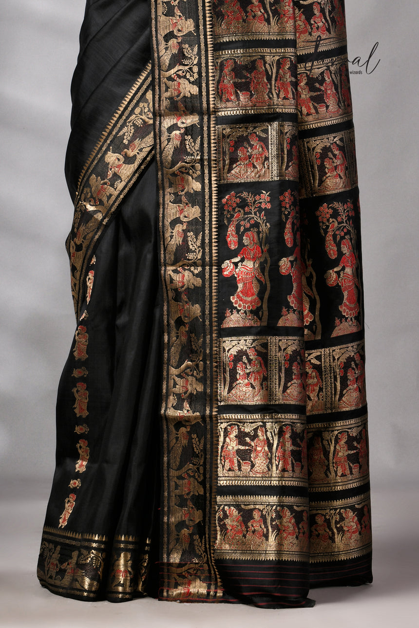 Black bishnupuri Katan swarnachari silk handloom saree