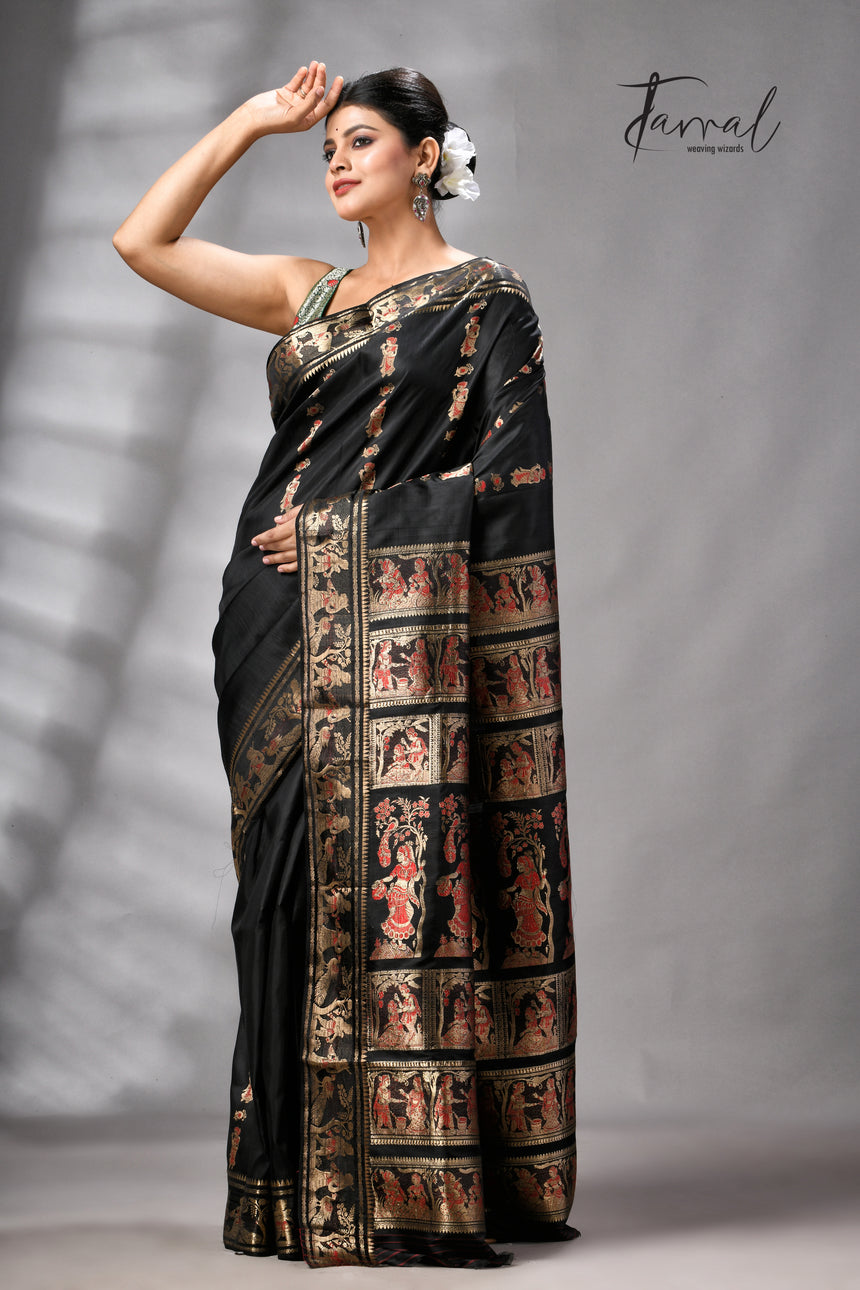 Black bishnupuri Katan swarnachari silk handloom saree