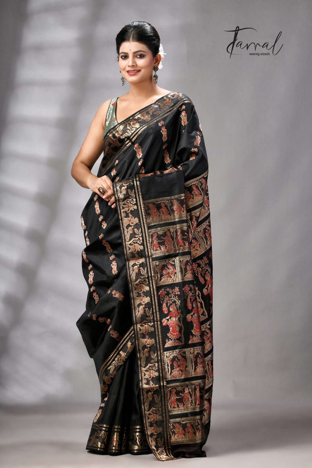 Black bishnupuri Katan swarnachari silk handloom saree