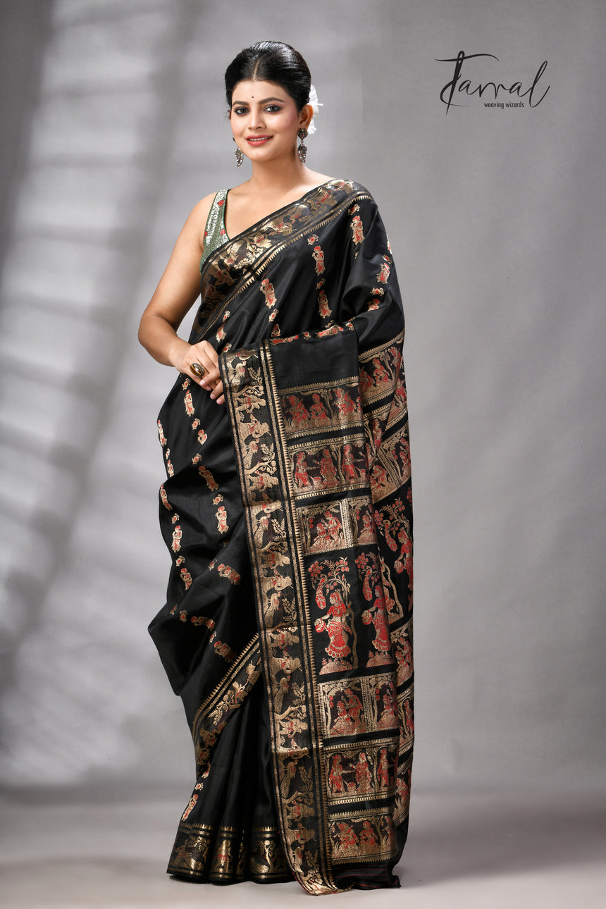 Black bishnupuri Katan swarnachari silk handloom saree