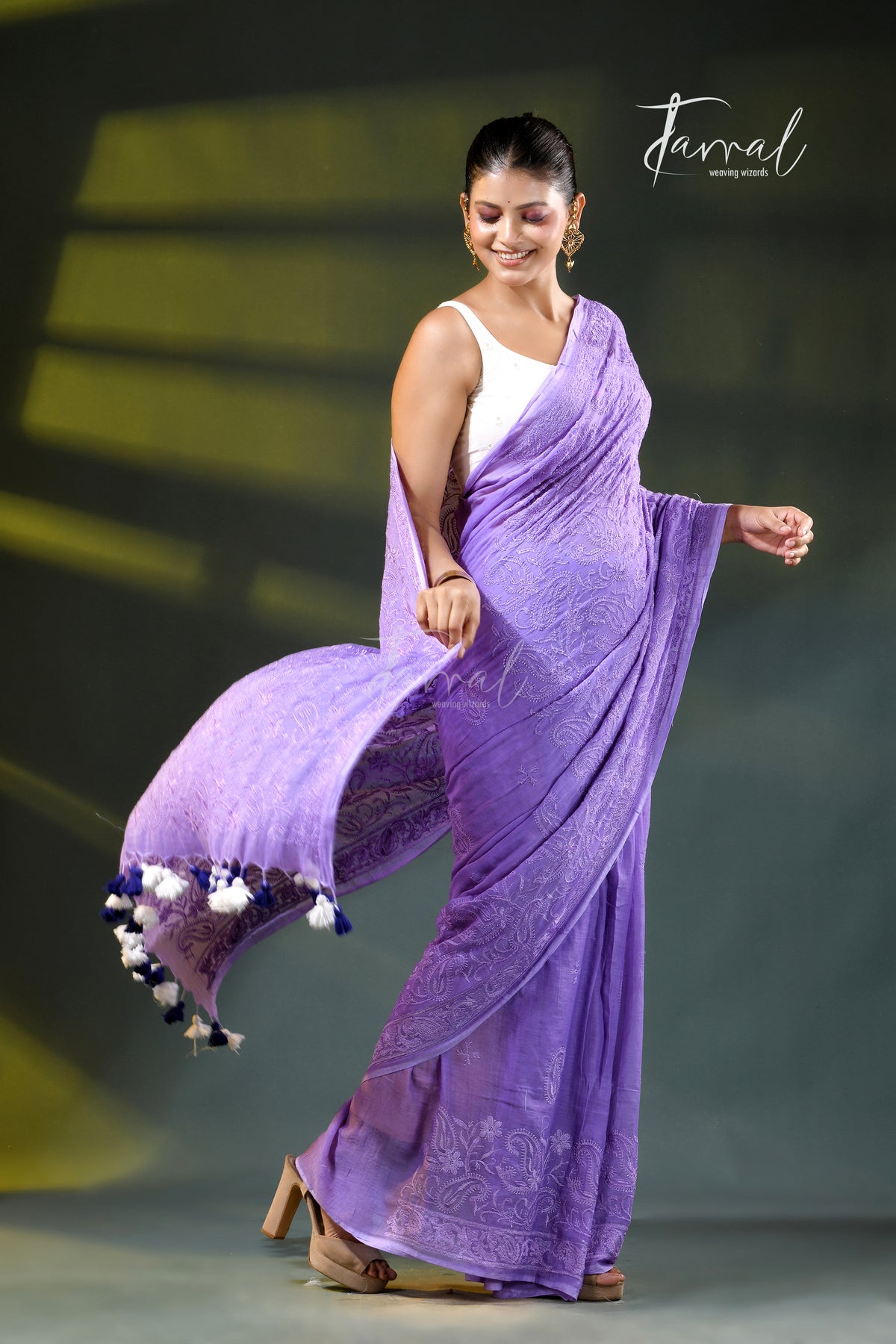 Purple Mulmul Cotton Saree with Chikankari Embroidery | Lucknow Heritage Craft | Tamal Boutique