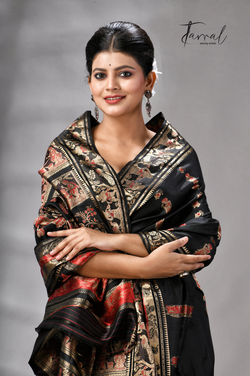 Black bishnupuri Katan swarnachari silk handloom saree