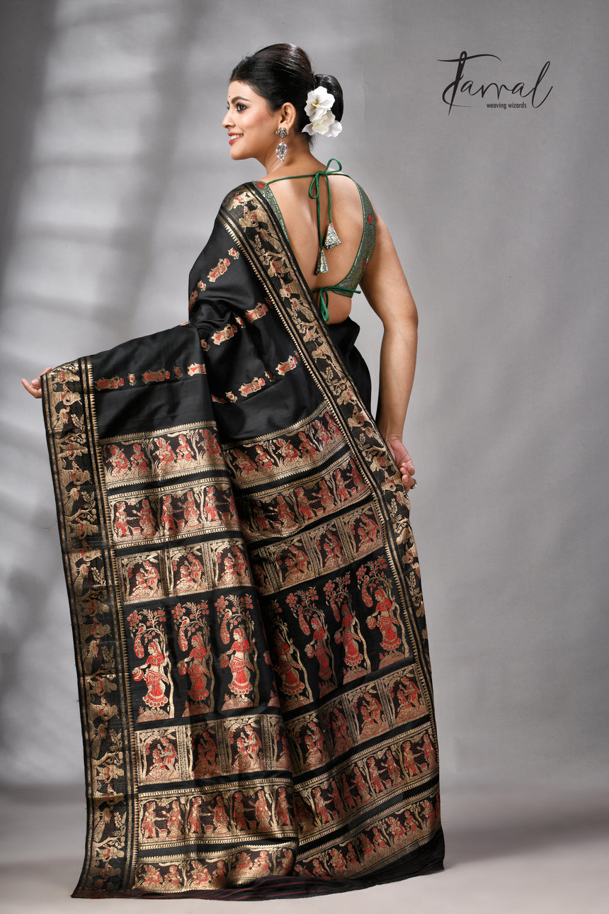 Black bishnupuri Katan swarnachari silk handloom saree