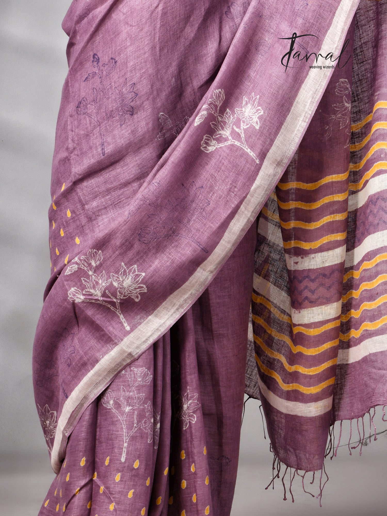 Magenta Colour Pure Linen Hand Block Printed Saree