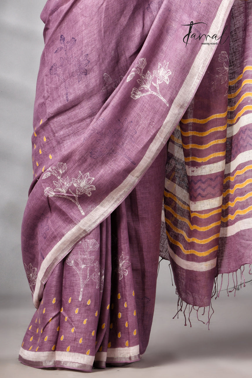 Magenta Colour Pure Linen Hand Block Printed Saree