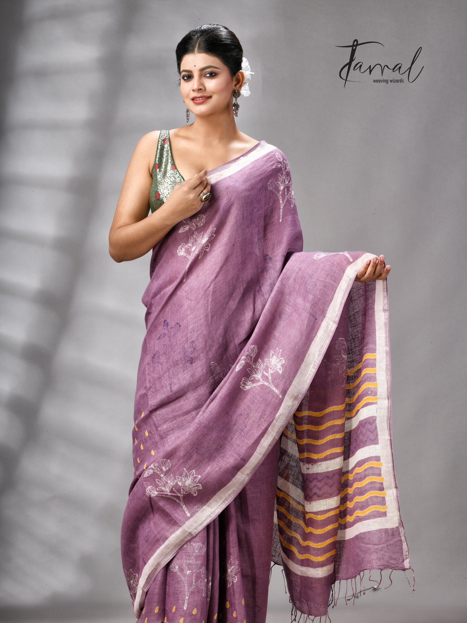 Magenta Colour Pure Linen Hand Block Printed Saree