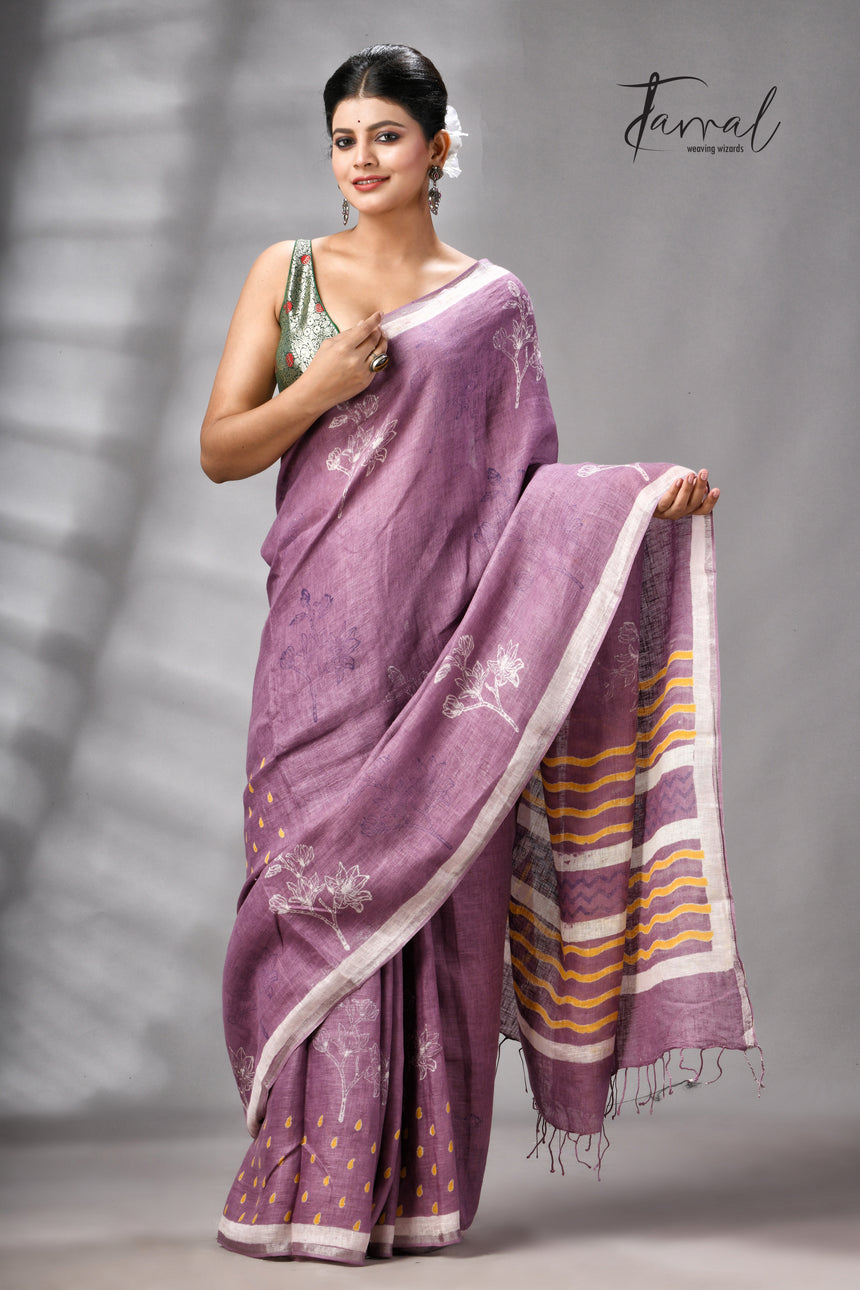 Magenta Colour Pure Linen Hand Block Printed Saree
