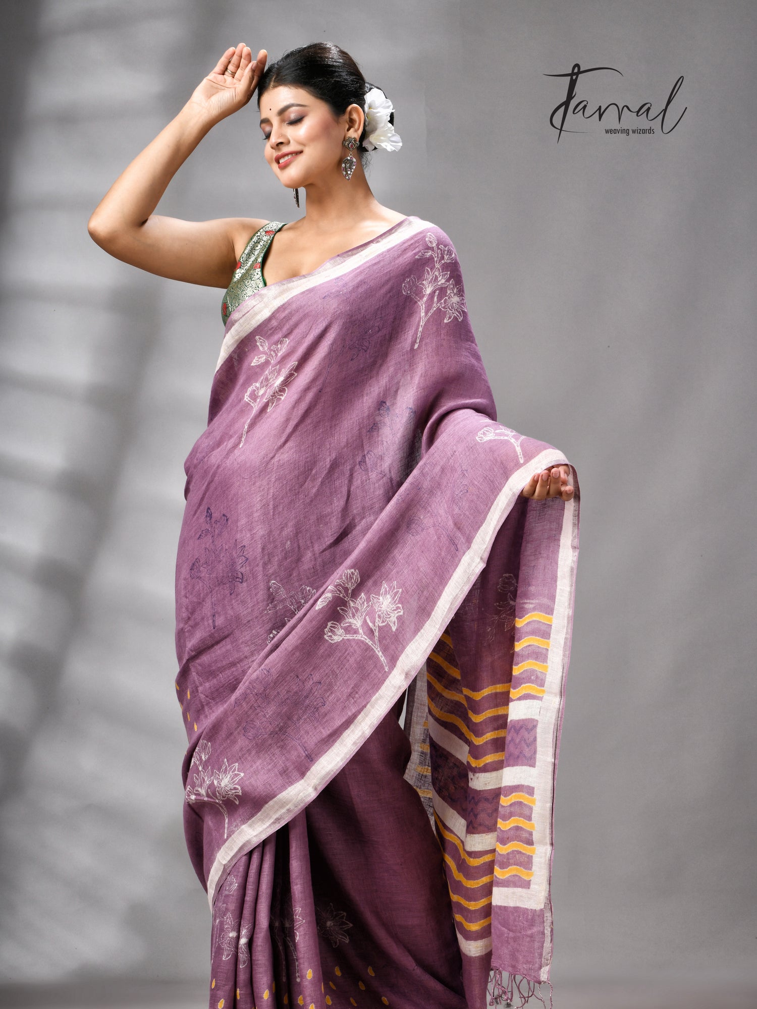 Magenta Colour Pure Linen Hand Block Printed Saree