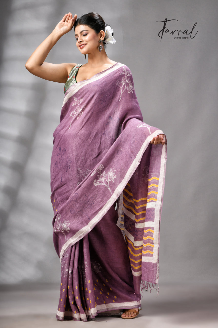 Magenta Colour Pure Linen Hand Block Printed Saree