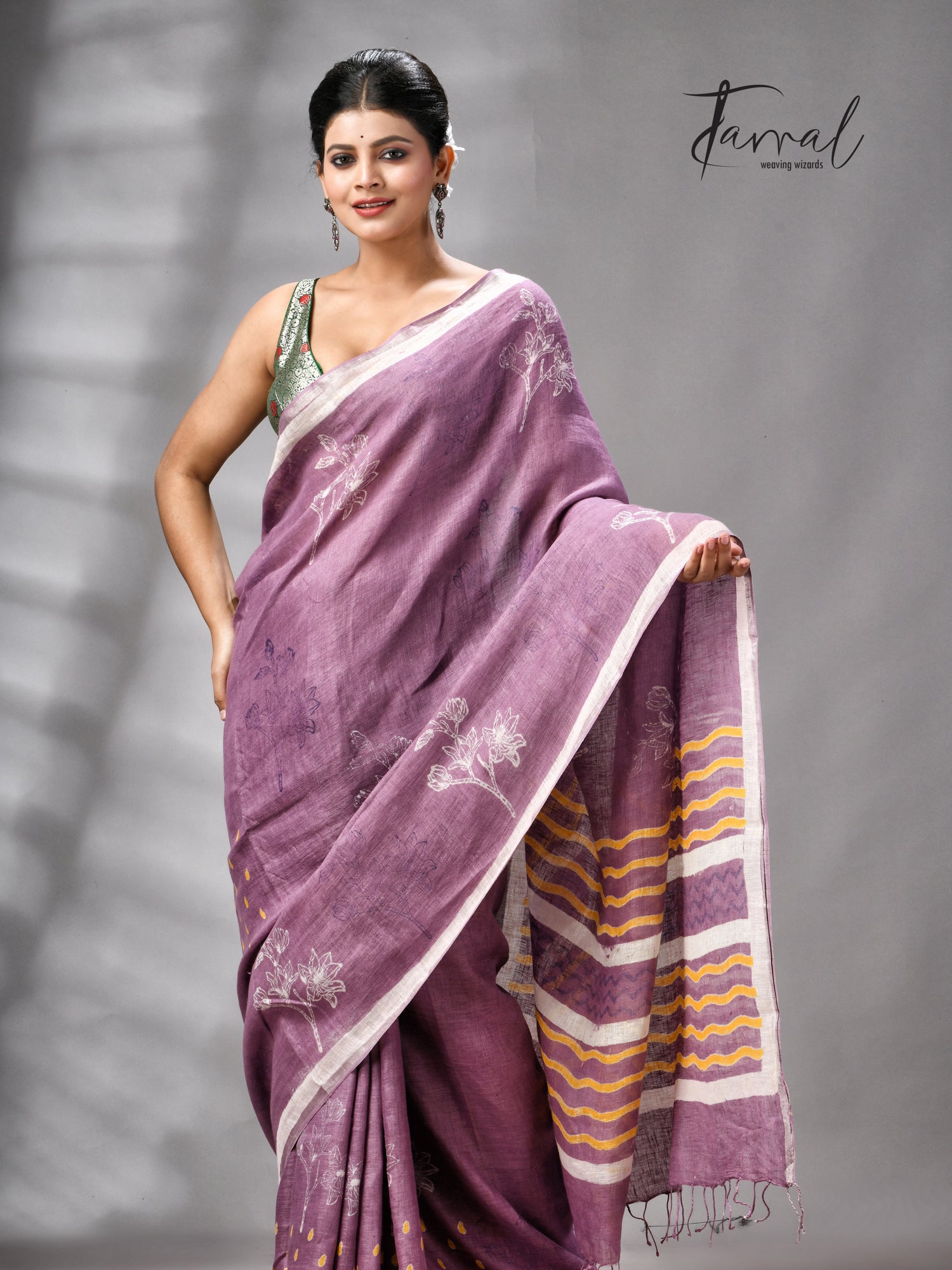 Magenta Colour Pure Linen Hand Block Printed Saree