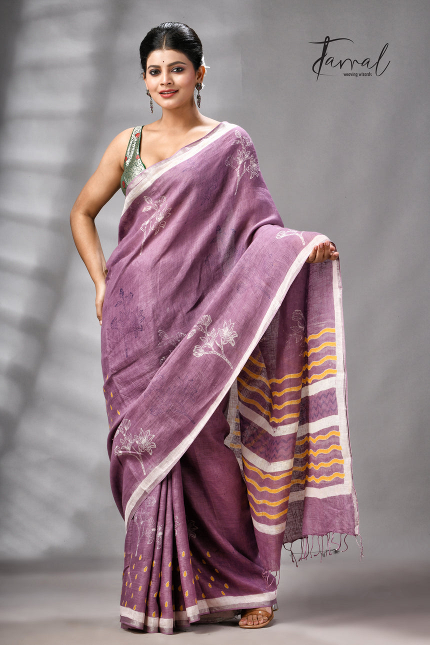 Magenta Colour Pure Linen Hand Block Printed Saree