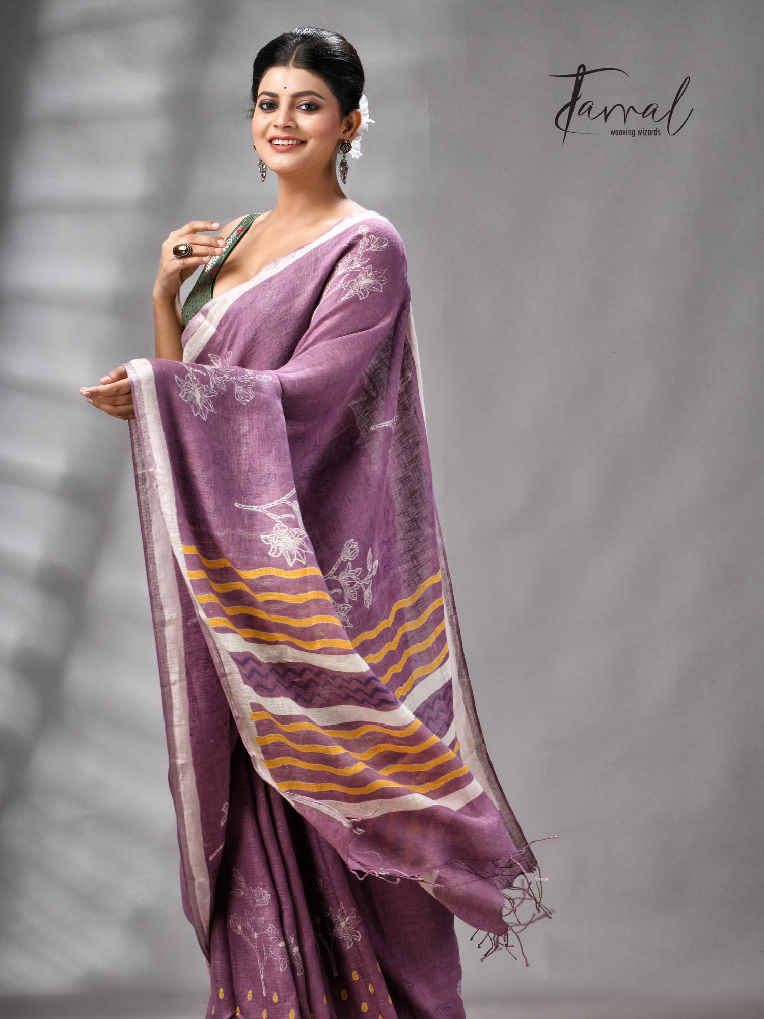 Magenta Colour Pure Linen Hand Block Printed Saree