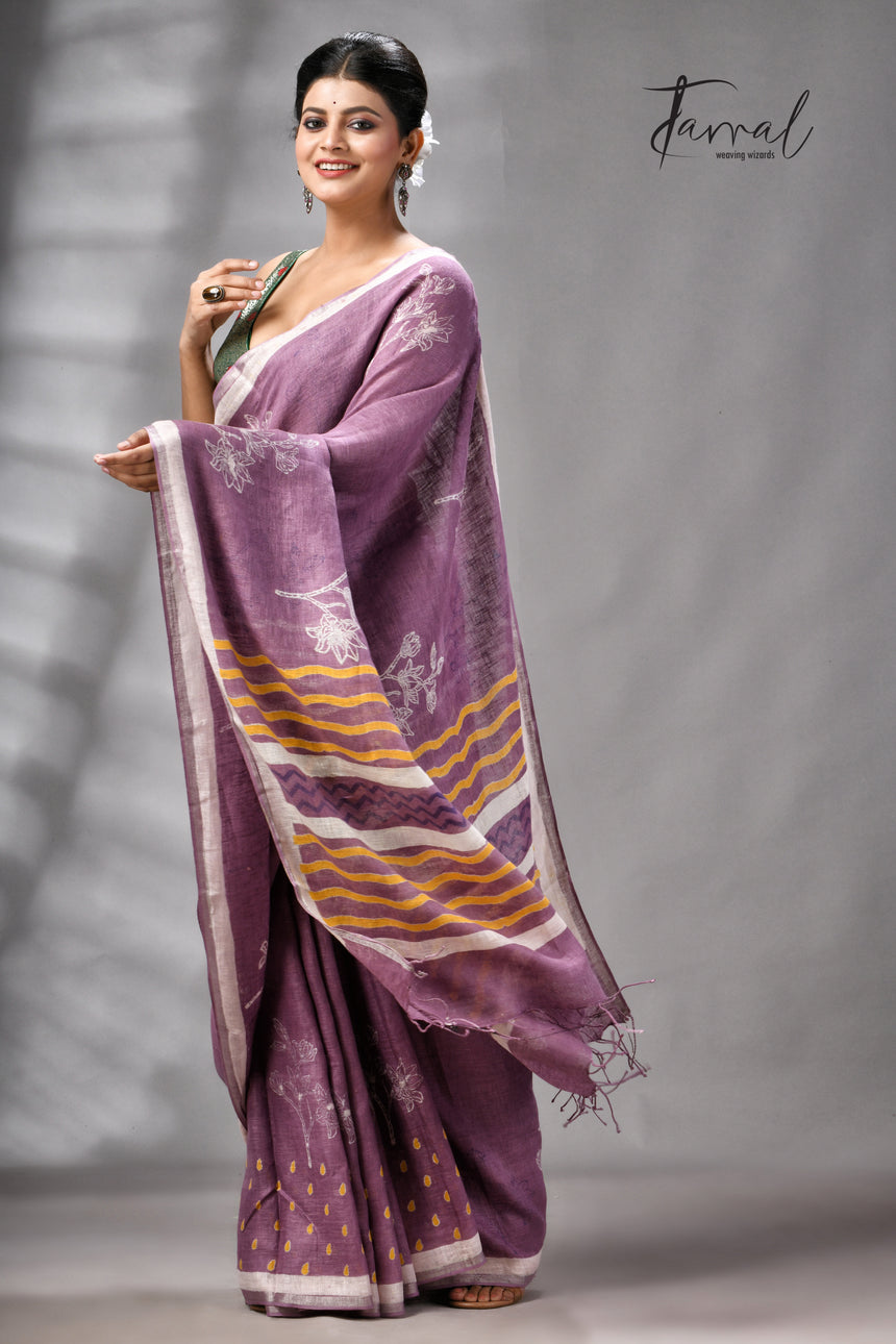 Magenta Colour Pure Linen Hand Block Printed Saree