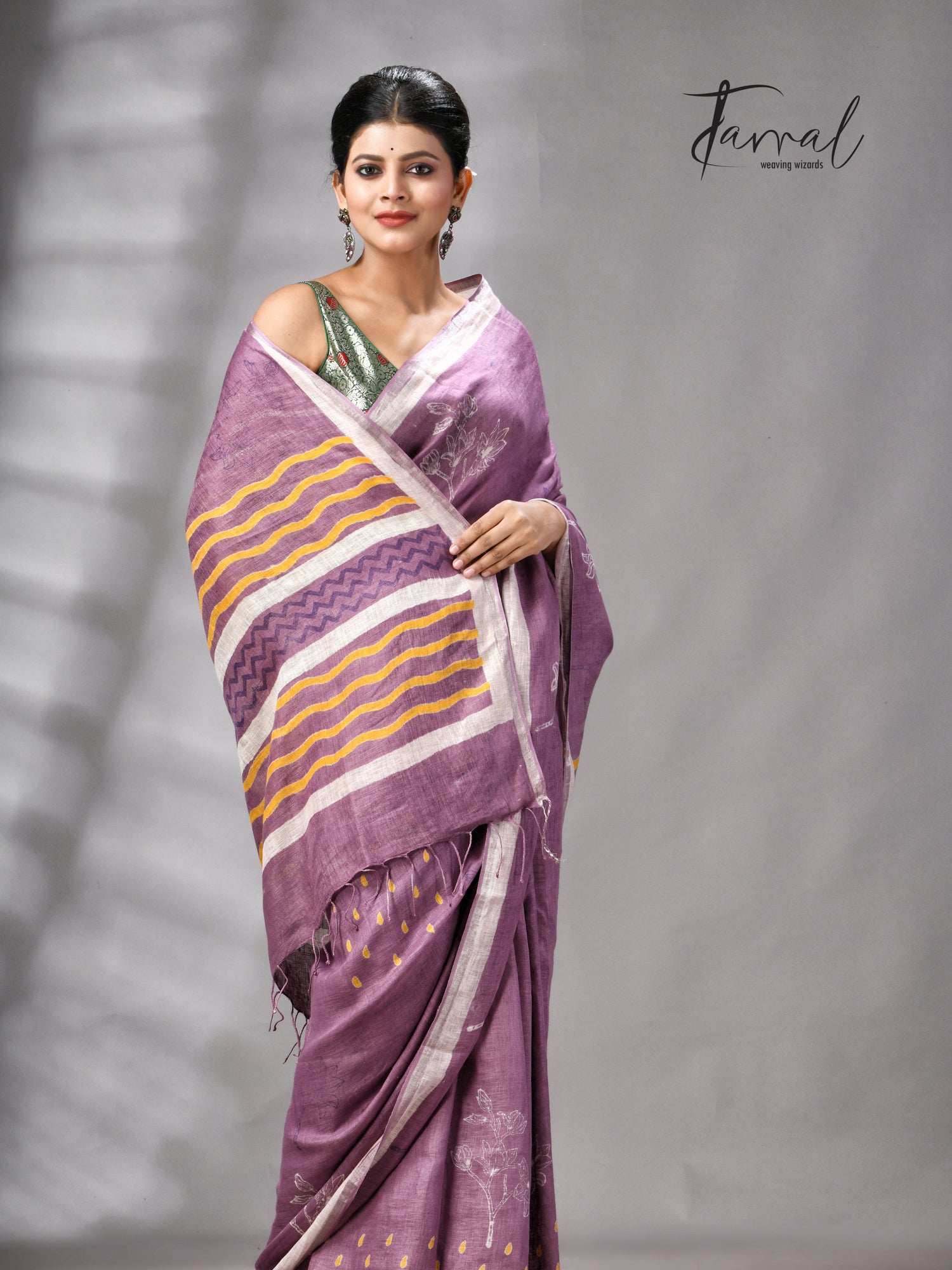 Magenta Colour Pure Linen Hand Block Printed Saree