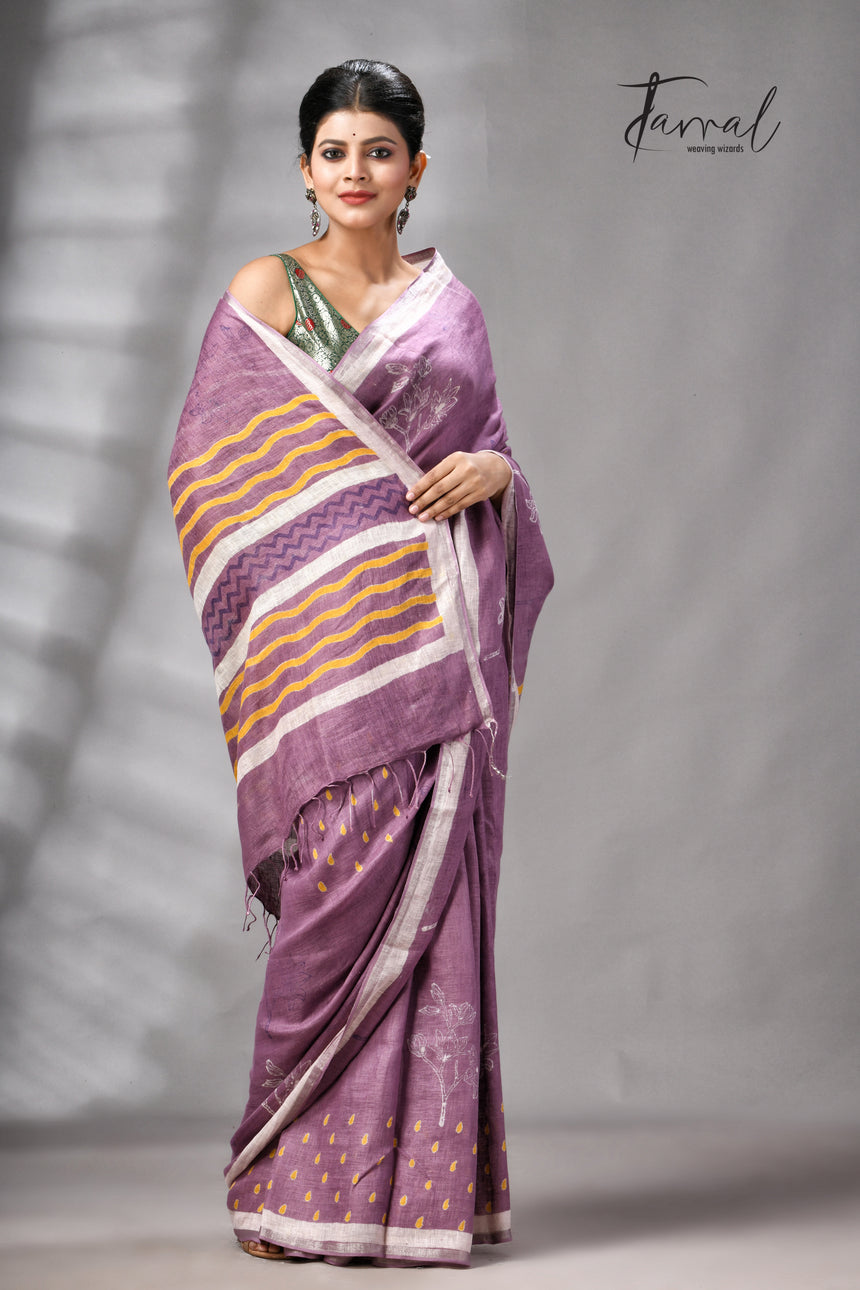 Magenta Colour Pure Linen Hand Block Printed Saree