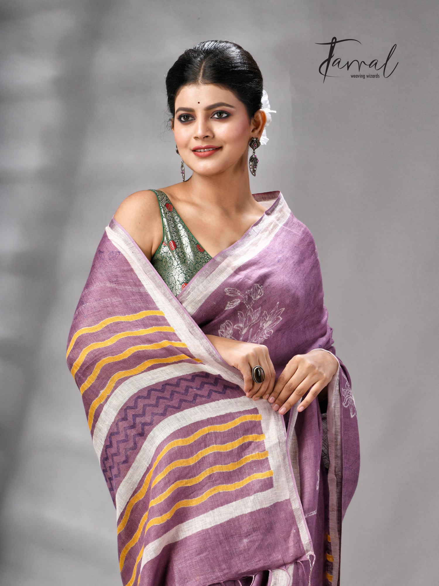 Magenta Colour Pure Linen Hand Block Printed Saree