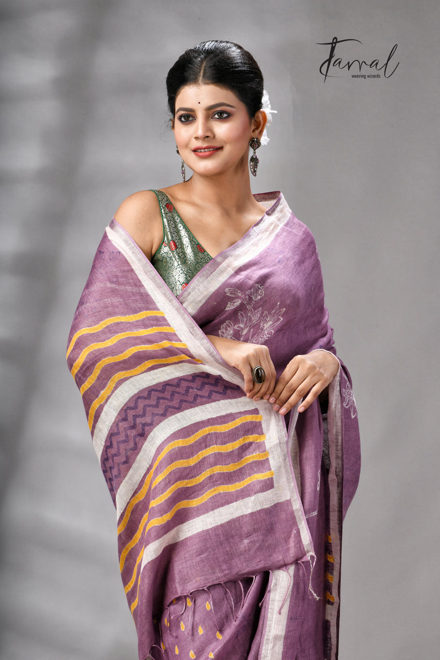 Magenta Colour Pure Linen Hand Block Printed Saree