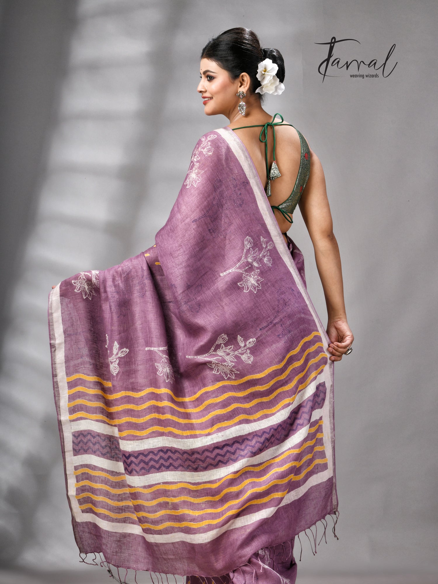 Magenta Colour Pure Linen Hand Block Printed Saree