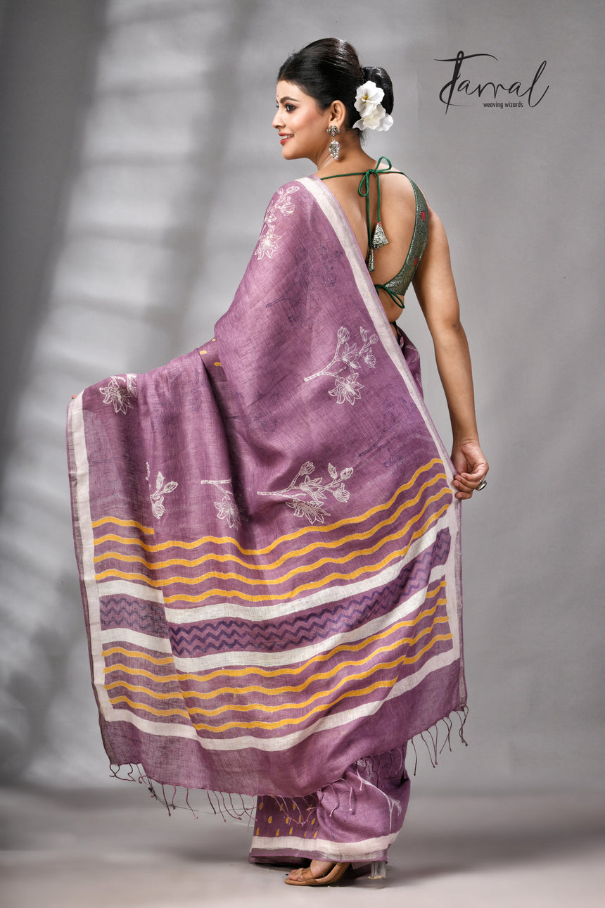 Magenta Colour Pure Linen Hand Block Printed Saree