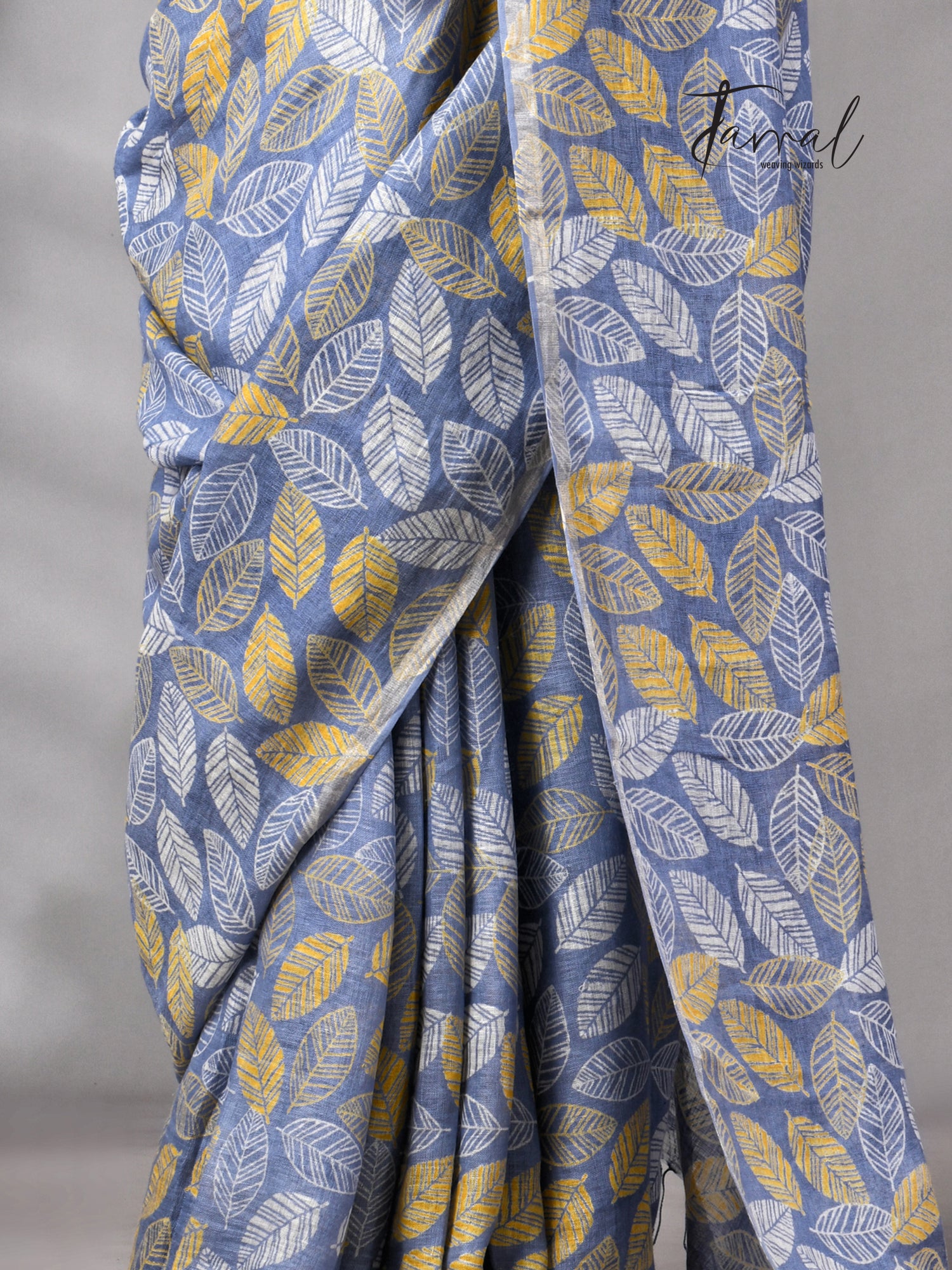 Dust Sky Colour Pure Linen Hand Block Printed Saree