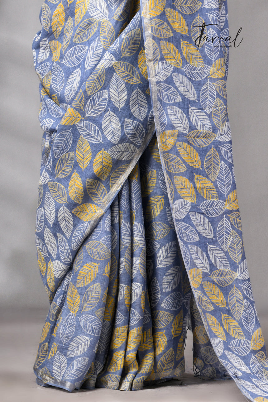 Dust Sky Colour Pure Linen Hand Block Printed Saree