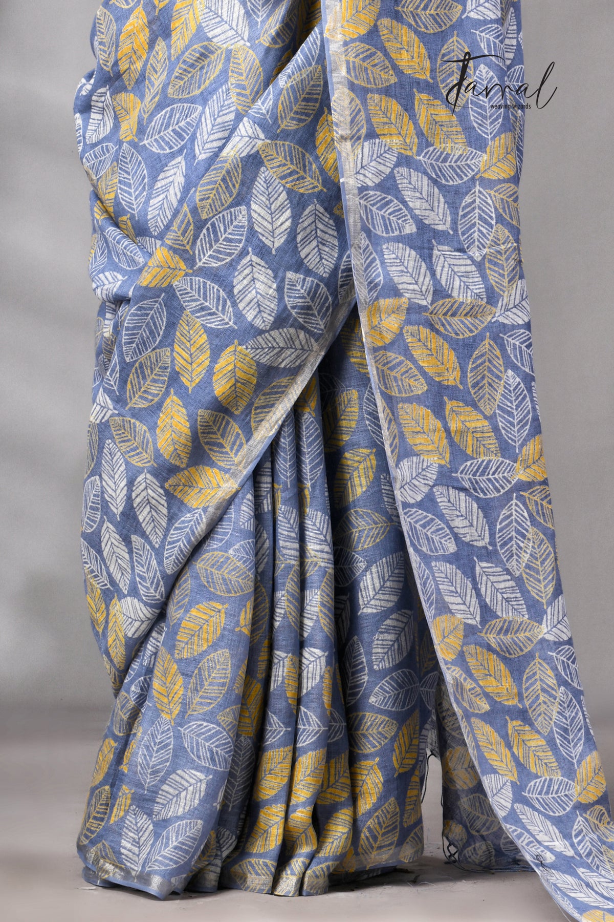 Dust Sky Colour Pure Linen Hand Block Printed Saree