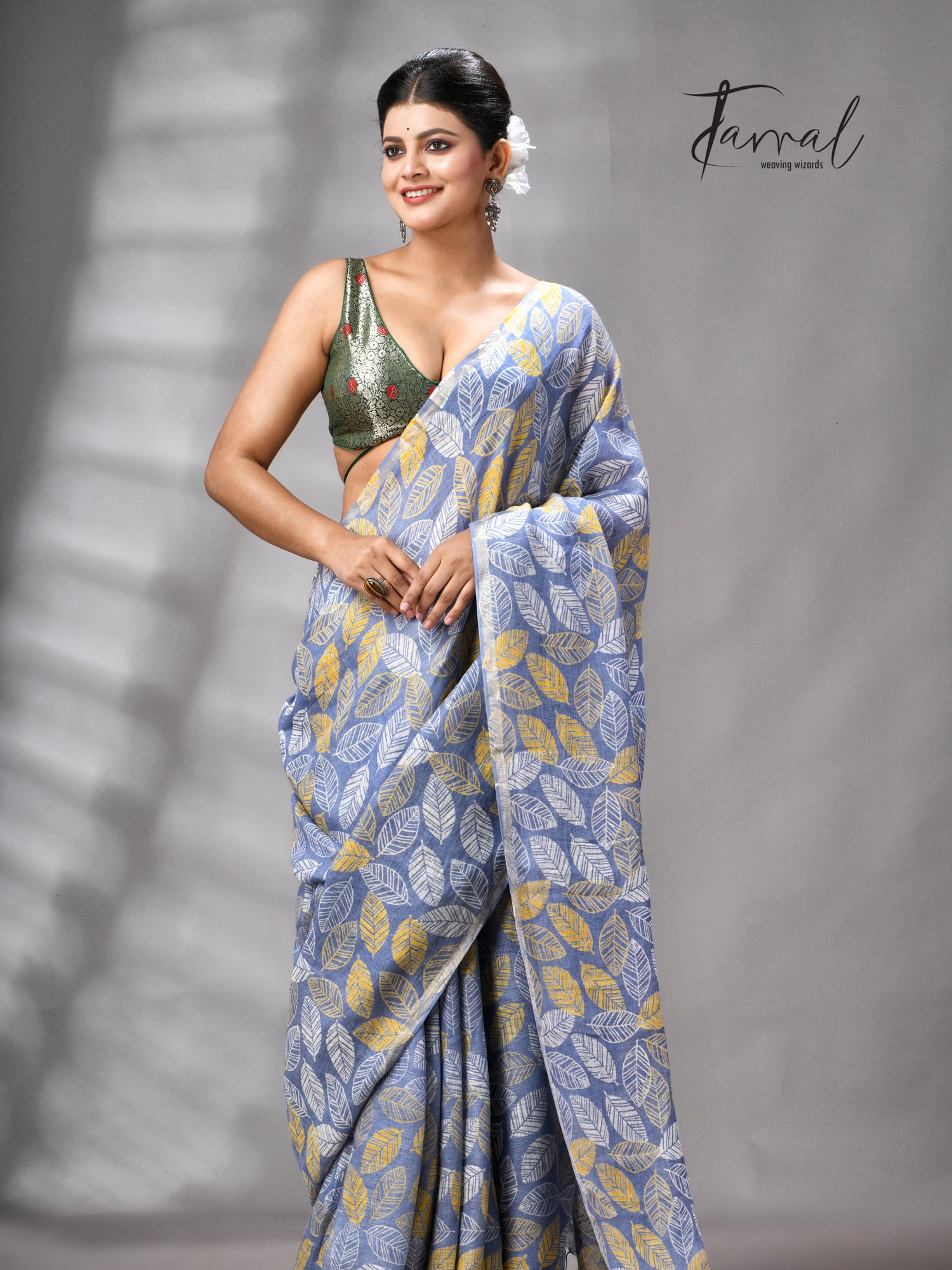 Dust Sky Colour Pure Linen Hand Block Printed Saree