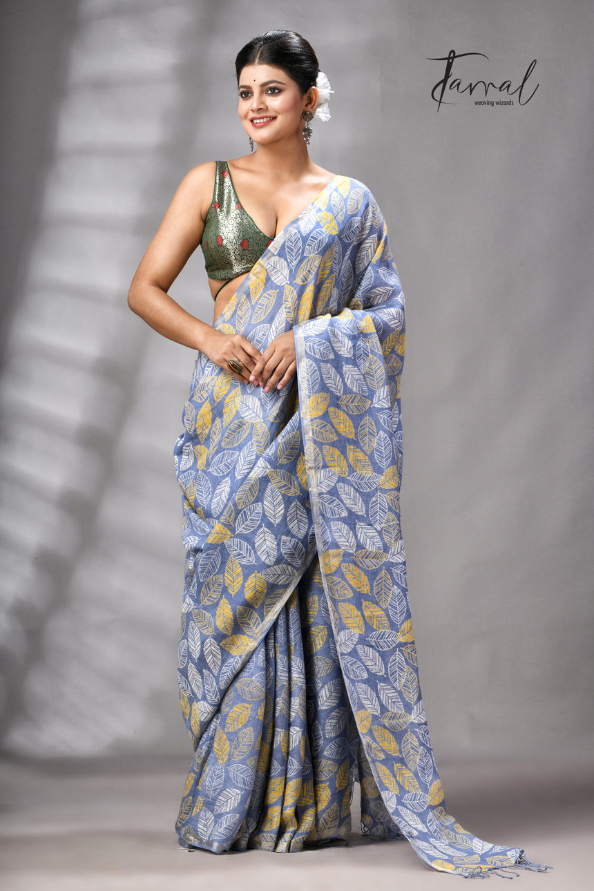 Dust Sky Colour Pure Linen Hand Block Printed Saree