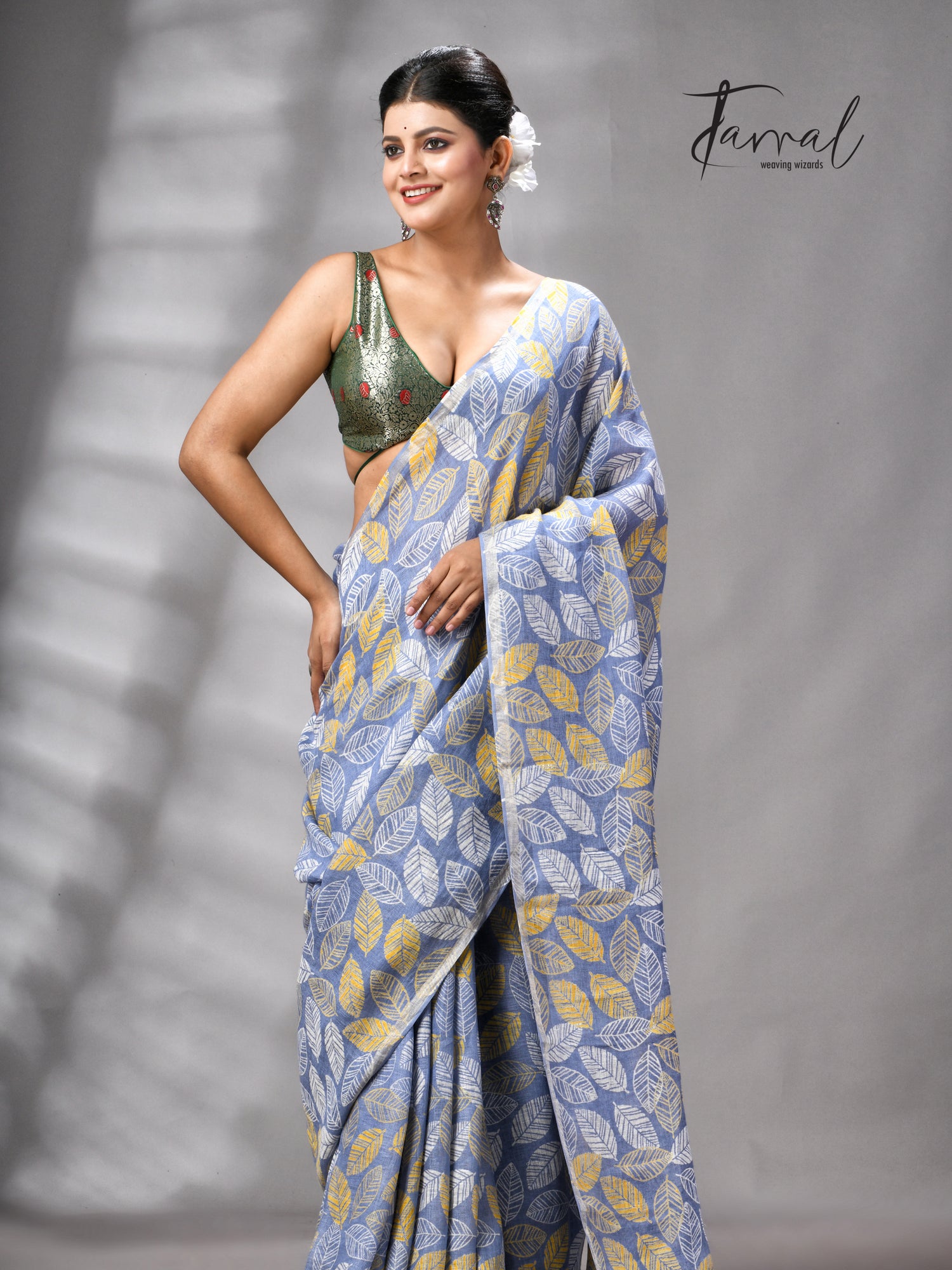 Dust Sky Colour Pure Linen Hand Block Printed Saree
