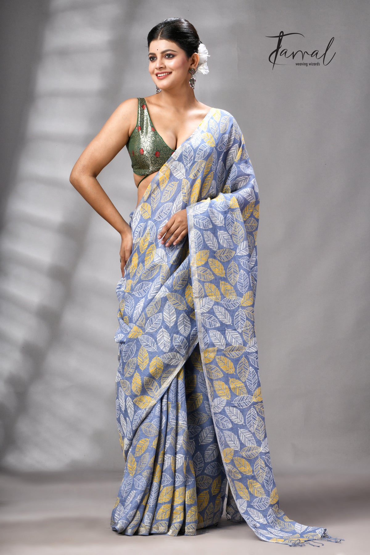 Dust Sky Colour Pure Linen Hand Block Printed Saree