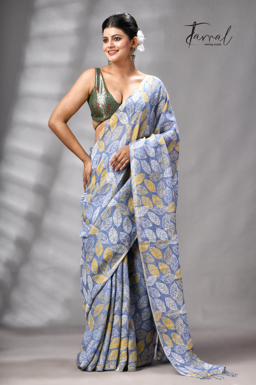 Dust Sky Colour Pure Linen Hand Block Printed Saree