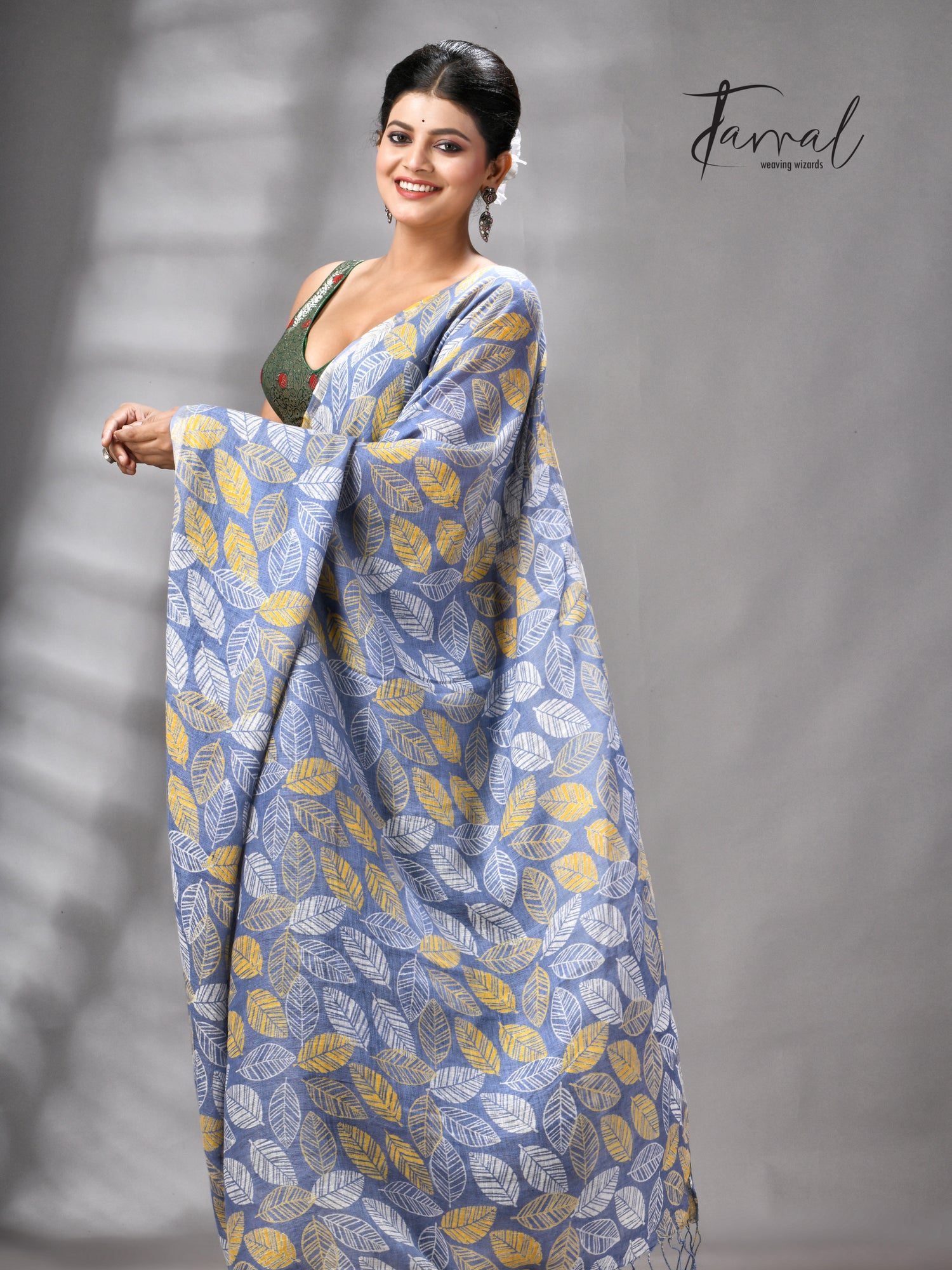 Dust Sky Colour Pure Linen Hand Block Printed Saree