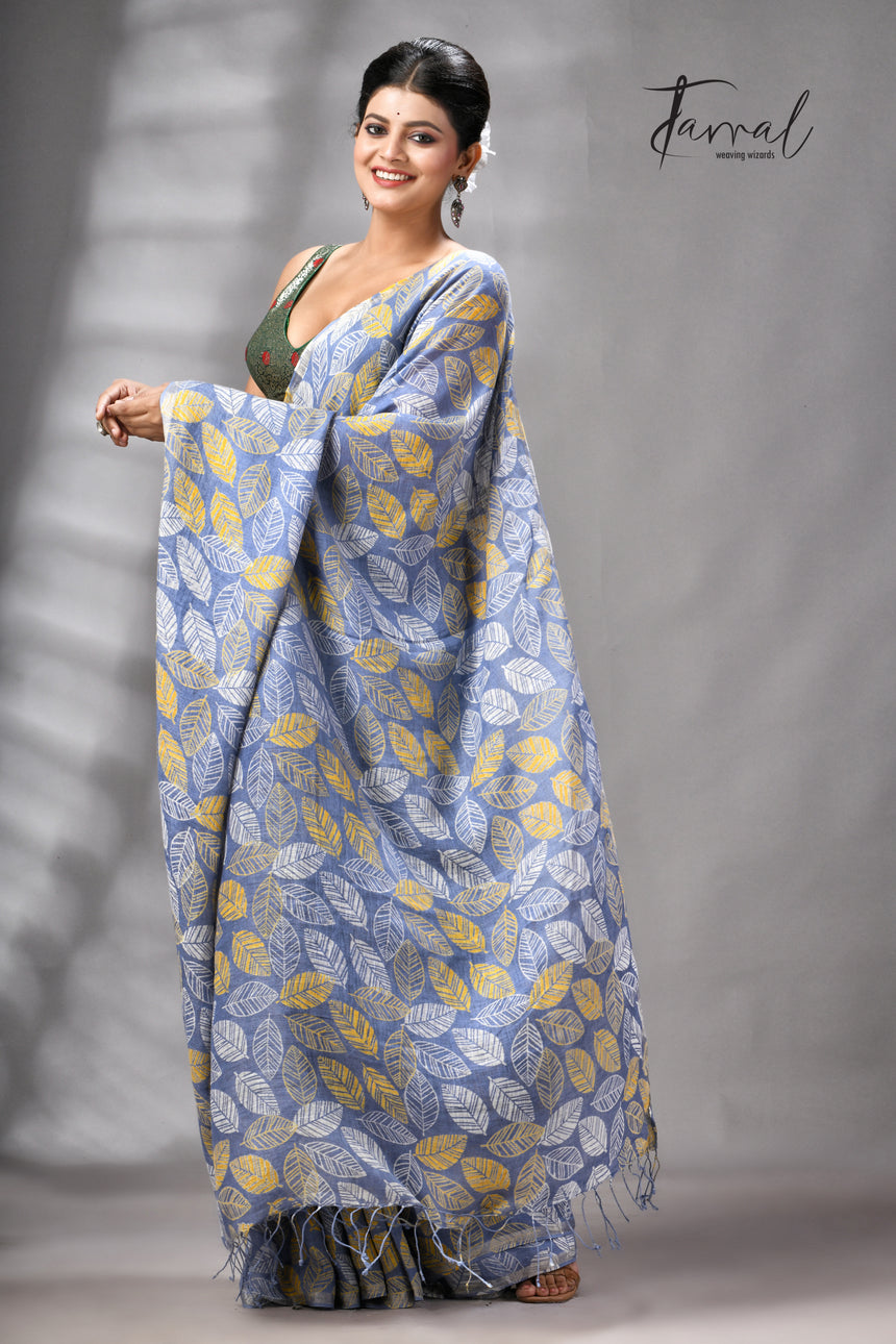 Dust Sky Colour Pure Linen Hand Block Printed Saree