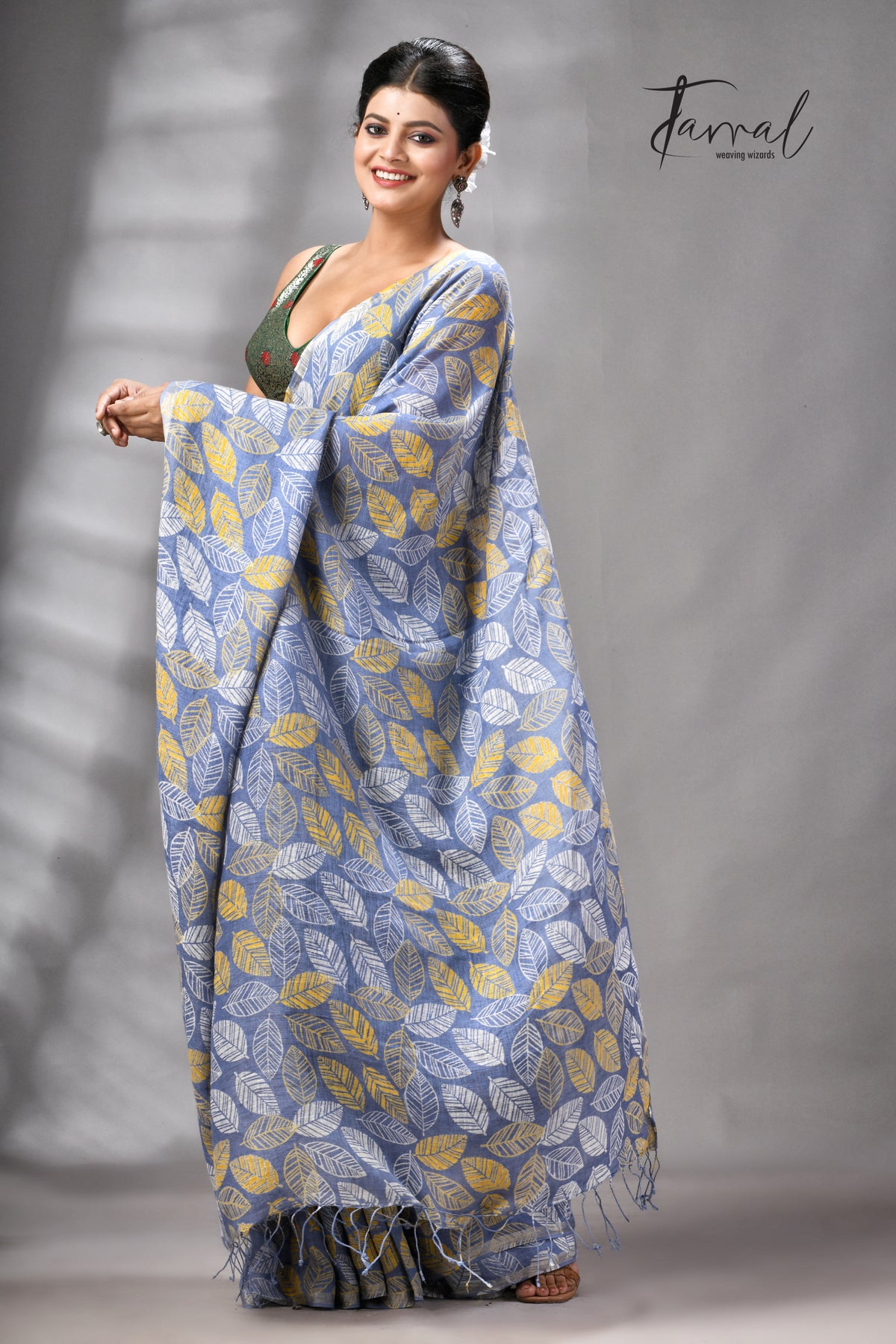Dust Sky Colour Pure Linen Hand Block Printed Saree