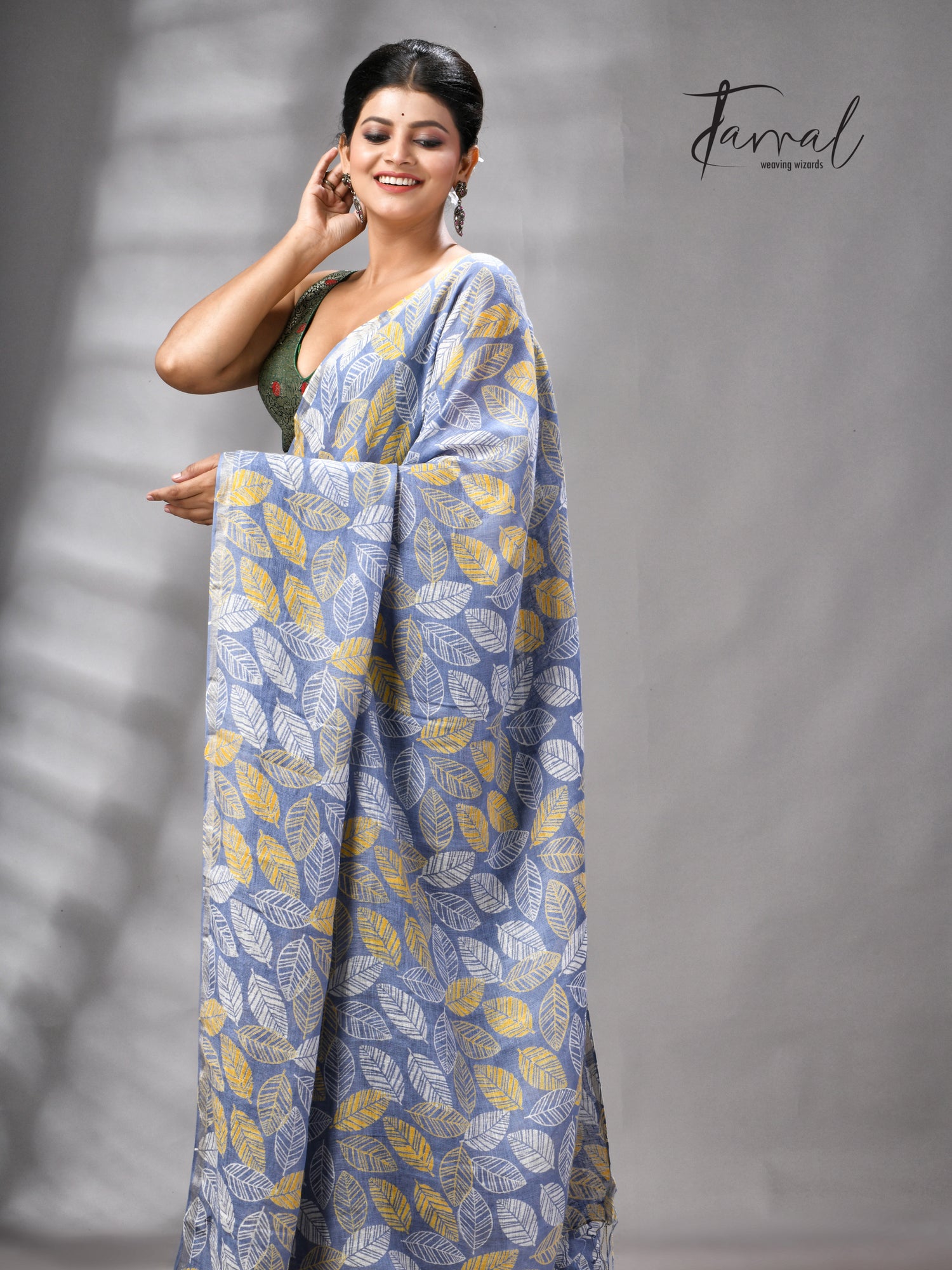 Dust Sky Colour Pure Linen Hand Block Printed Saree