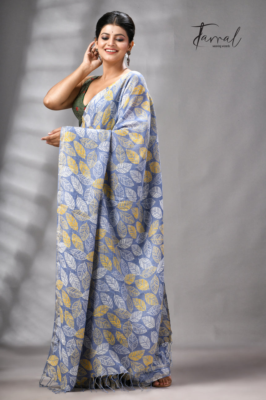 Dust Sky Colour Pure Linen Hand Block Printed Saree