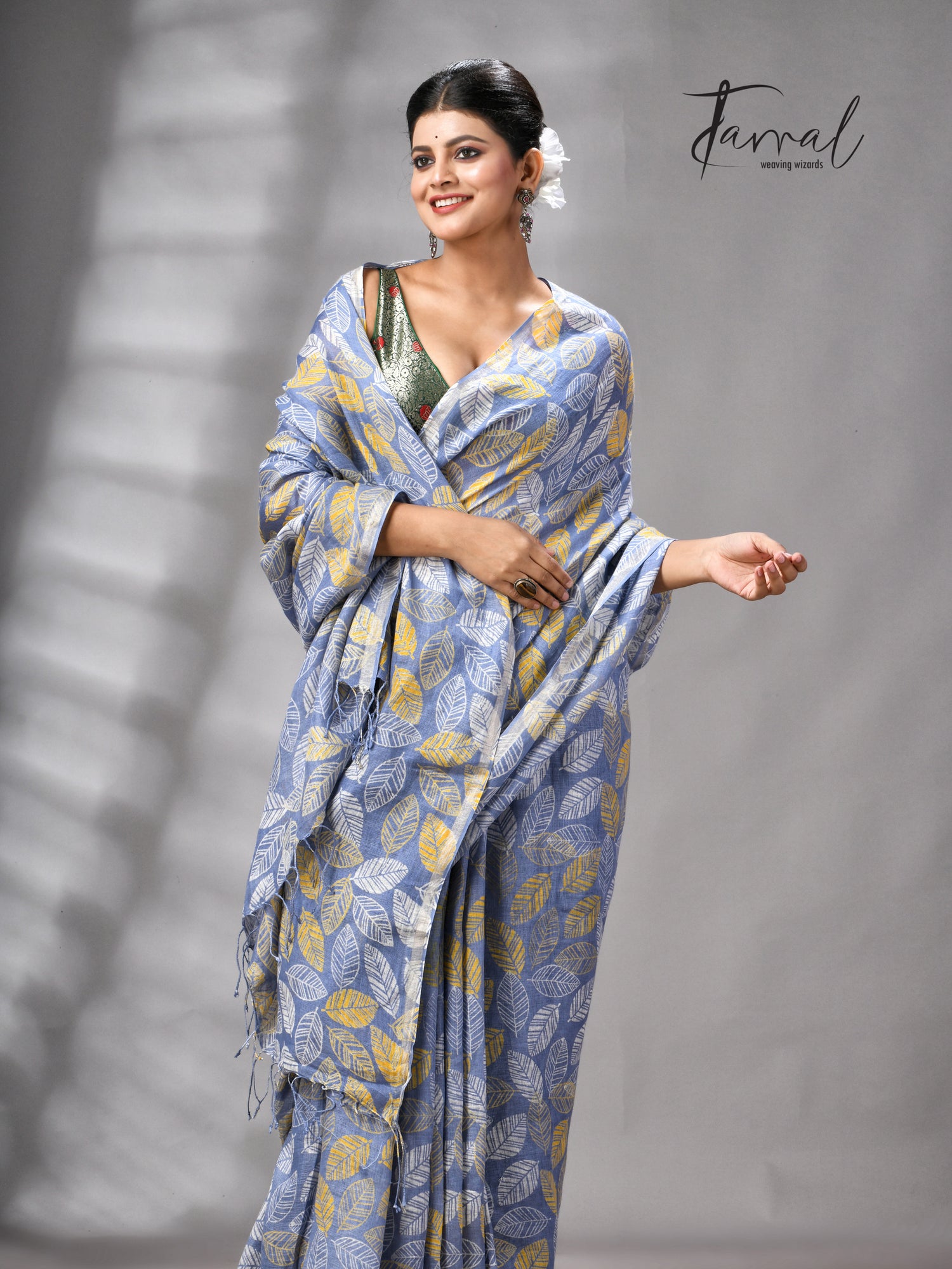 Dust Sky Colour Pure Linen Hand Block Printed Saree