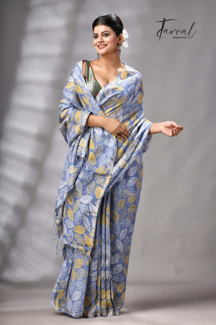 Dust Sky Colour Pure Linen Hand Block Printed Saree