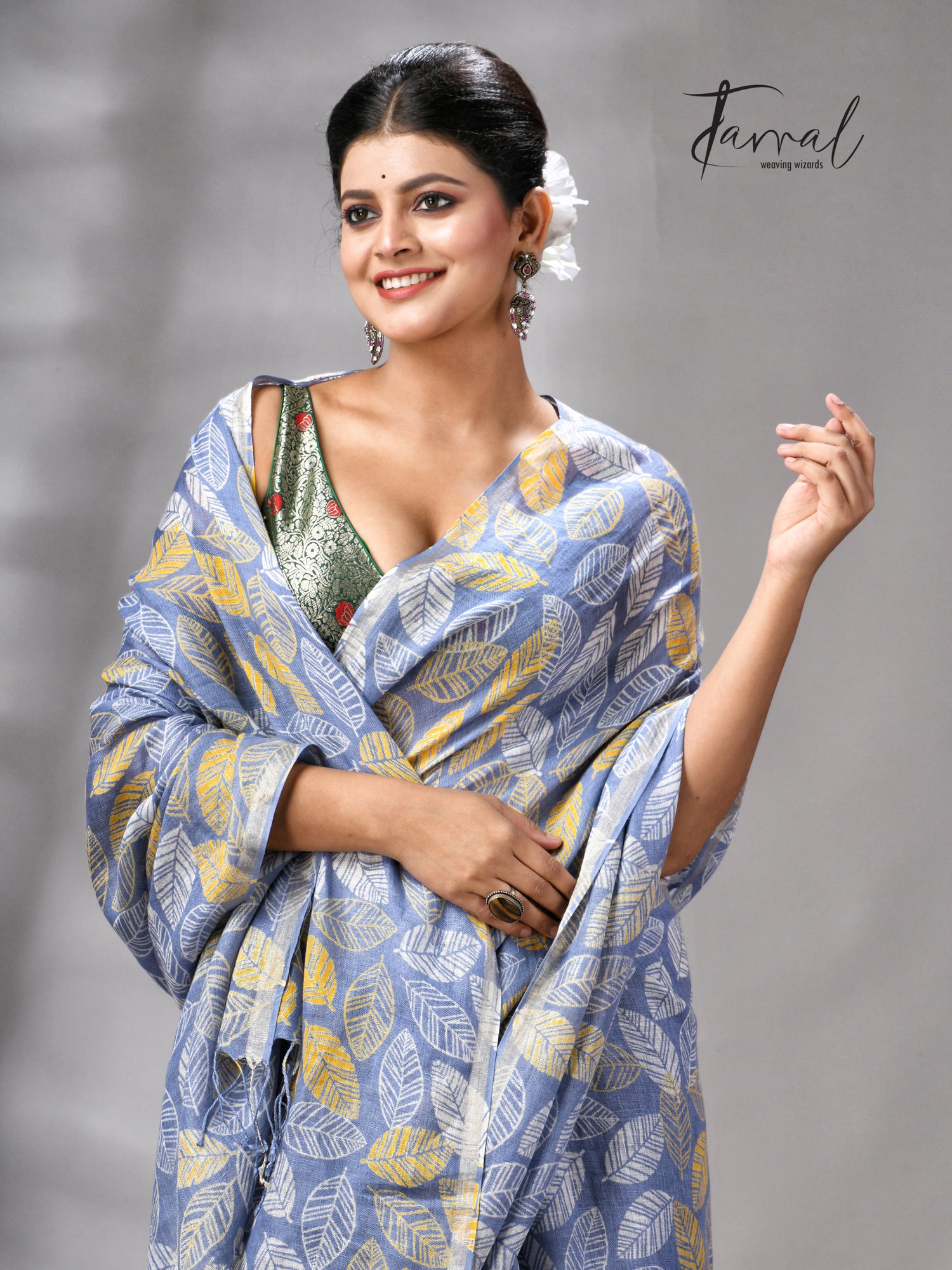 Dust Sky Colour Pure Linen Hand Block Printed Saree
