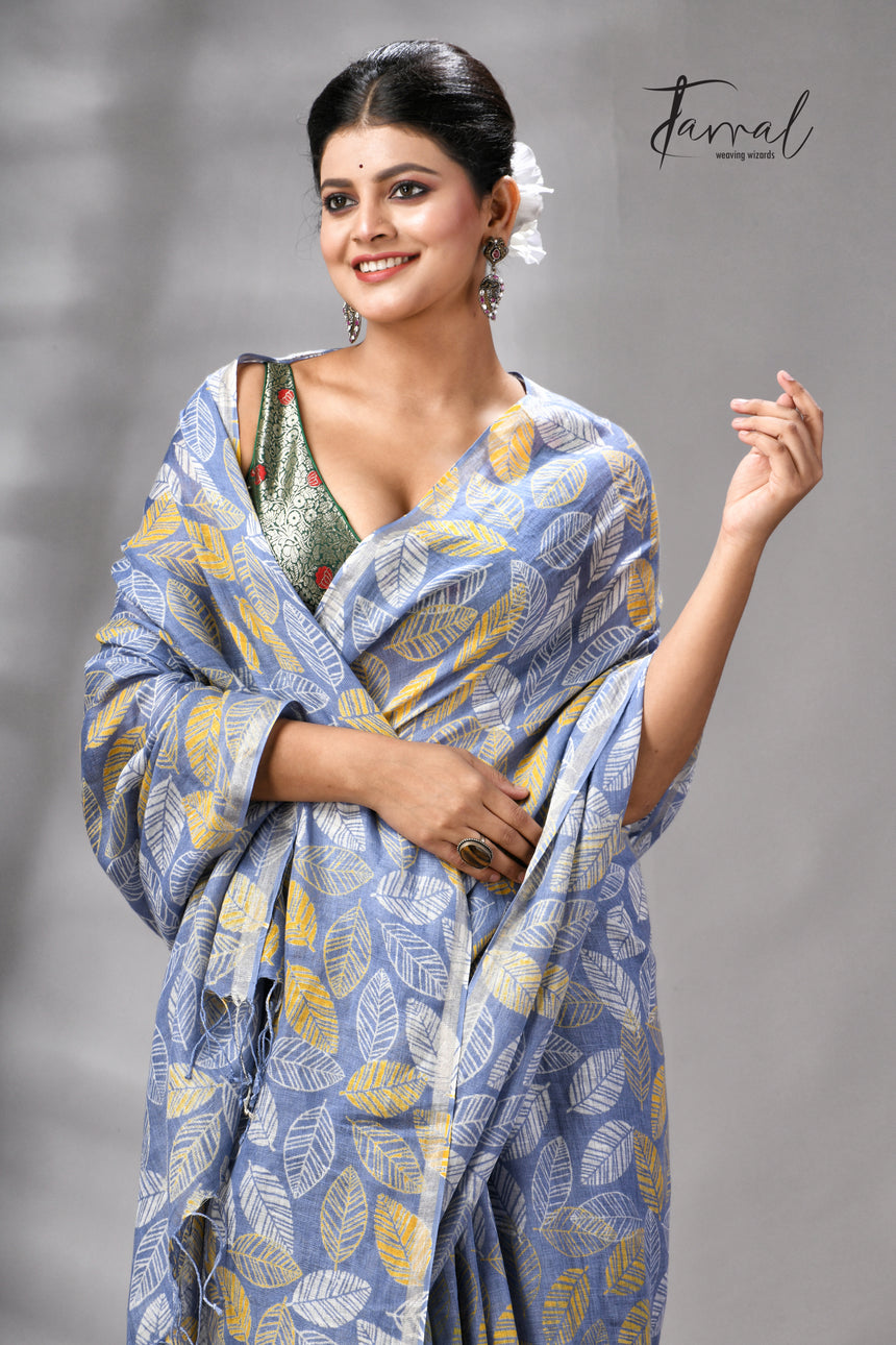 Dust Sky Colour Pure Linen Hand Block Printed Saree