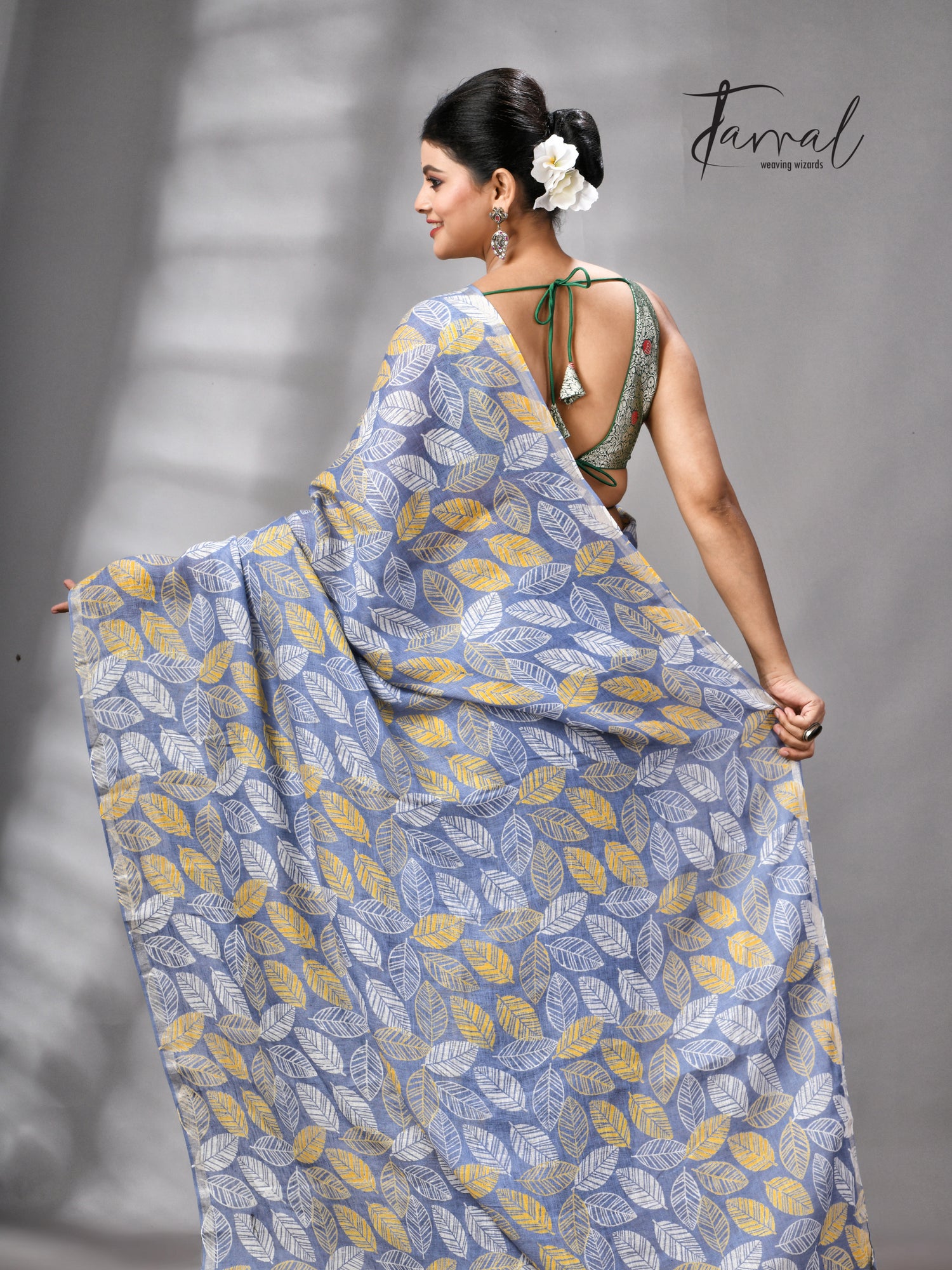 Dust Sky Colour Pure Linen Hand Block Printed Saree