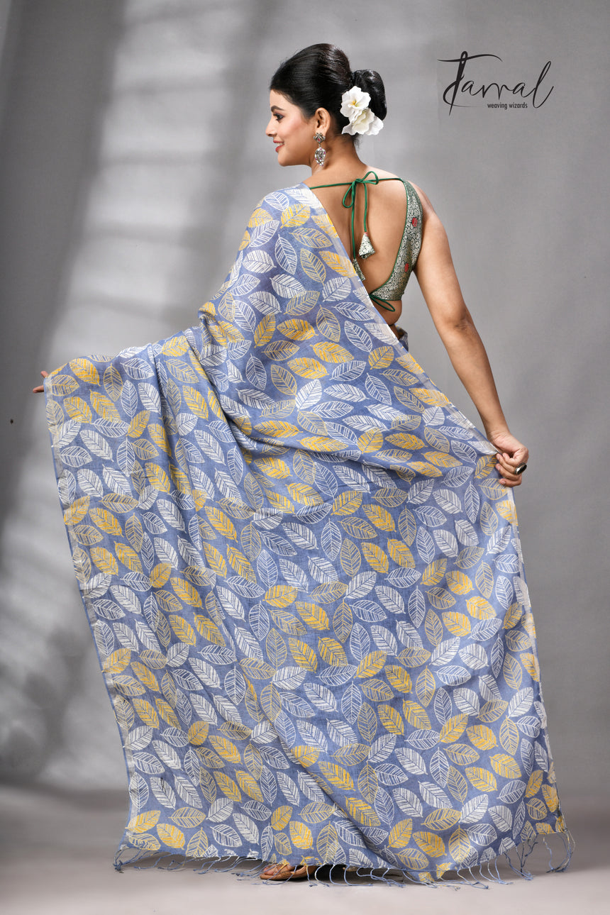 Dust Sky Colour Pure Linen Hand Block Printed Saree