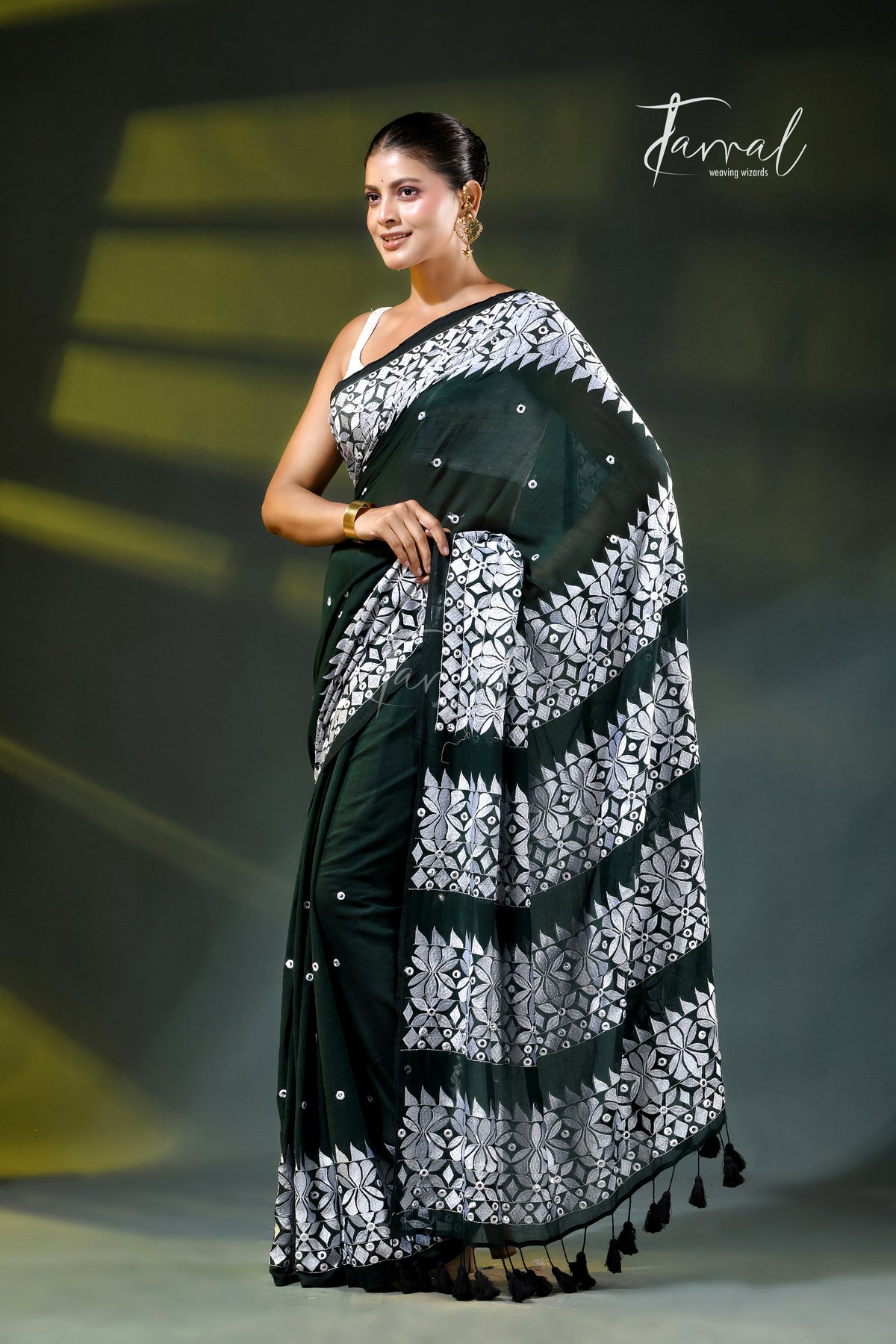Dark Green Mulmul Cotton Saree with White Kathiyawadi Embroidery | Cross-Regional Craft | Tamal Boutique