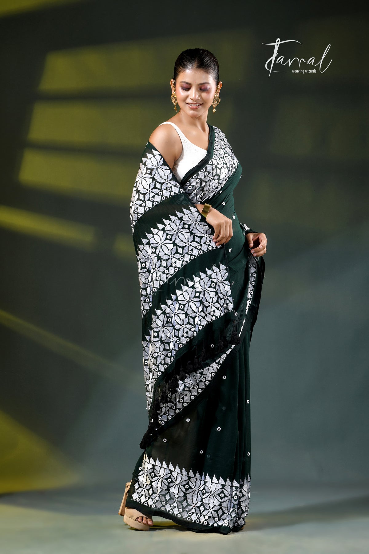 Dark Green Mulmul Cotton Saree with White Kathiyawadi Embroidery | Cross-Regional Craft | Tamal Boutique