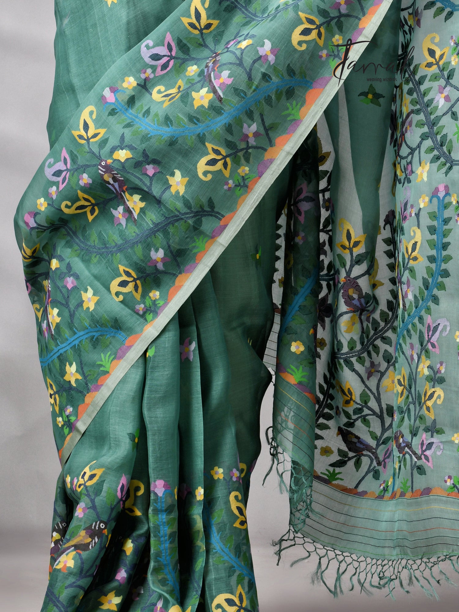 Pine Green Allover Floral With Birds Motifs Handwoven Muslin Silk Jamdani Saree
