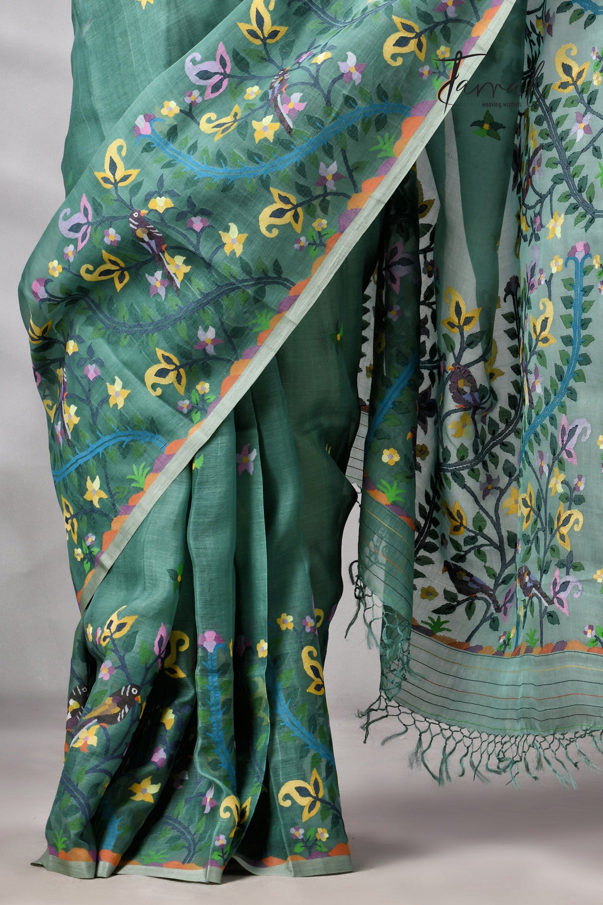 Pine Green Allover Floral With Birds Motifs Handwoven Muslin Silk Jamdani Saree