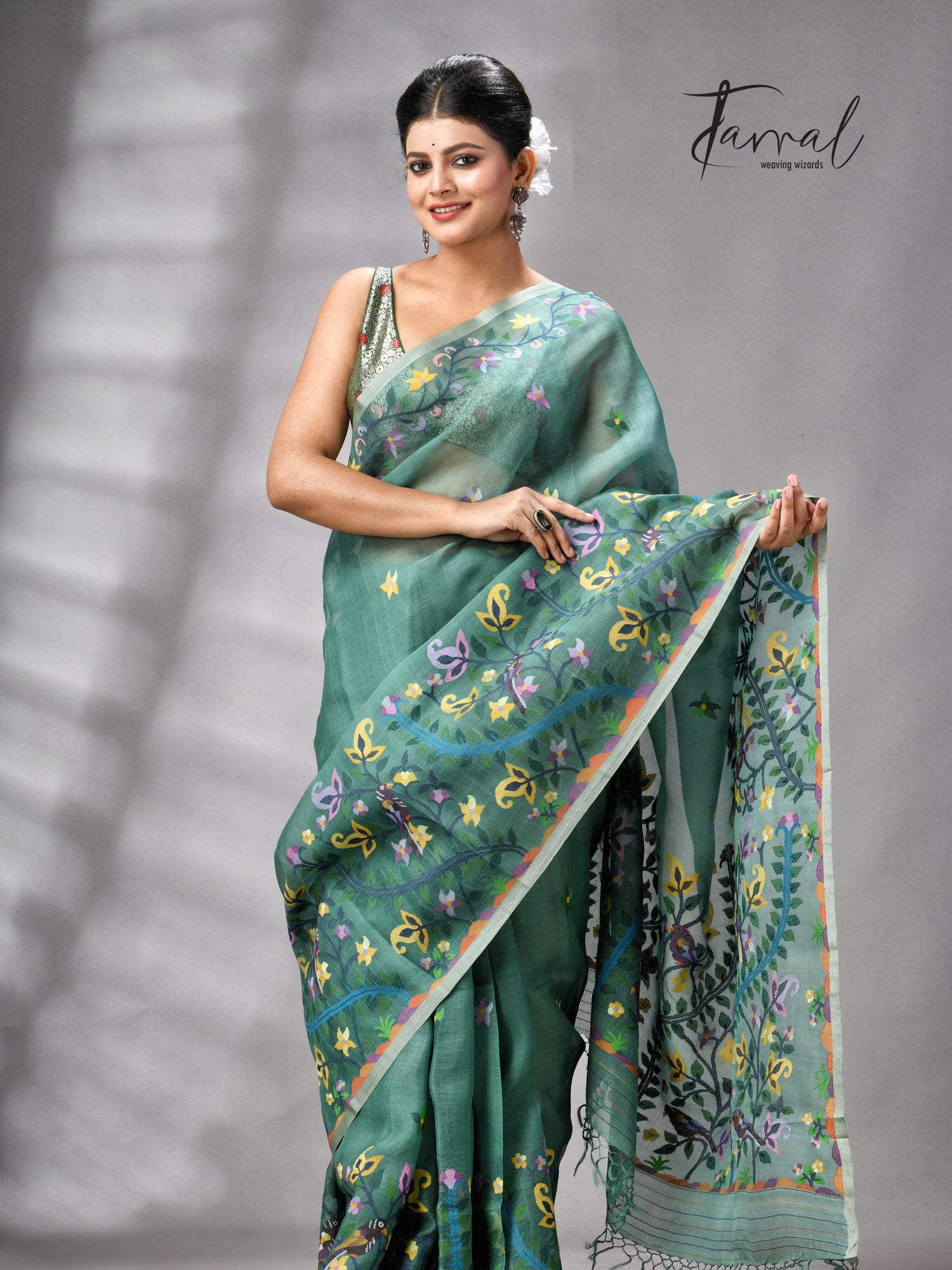 Pine Green Allover Floral With Birds Motifs Handwoven Muslin Silk Jamdani Saree