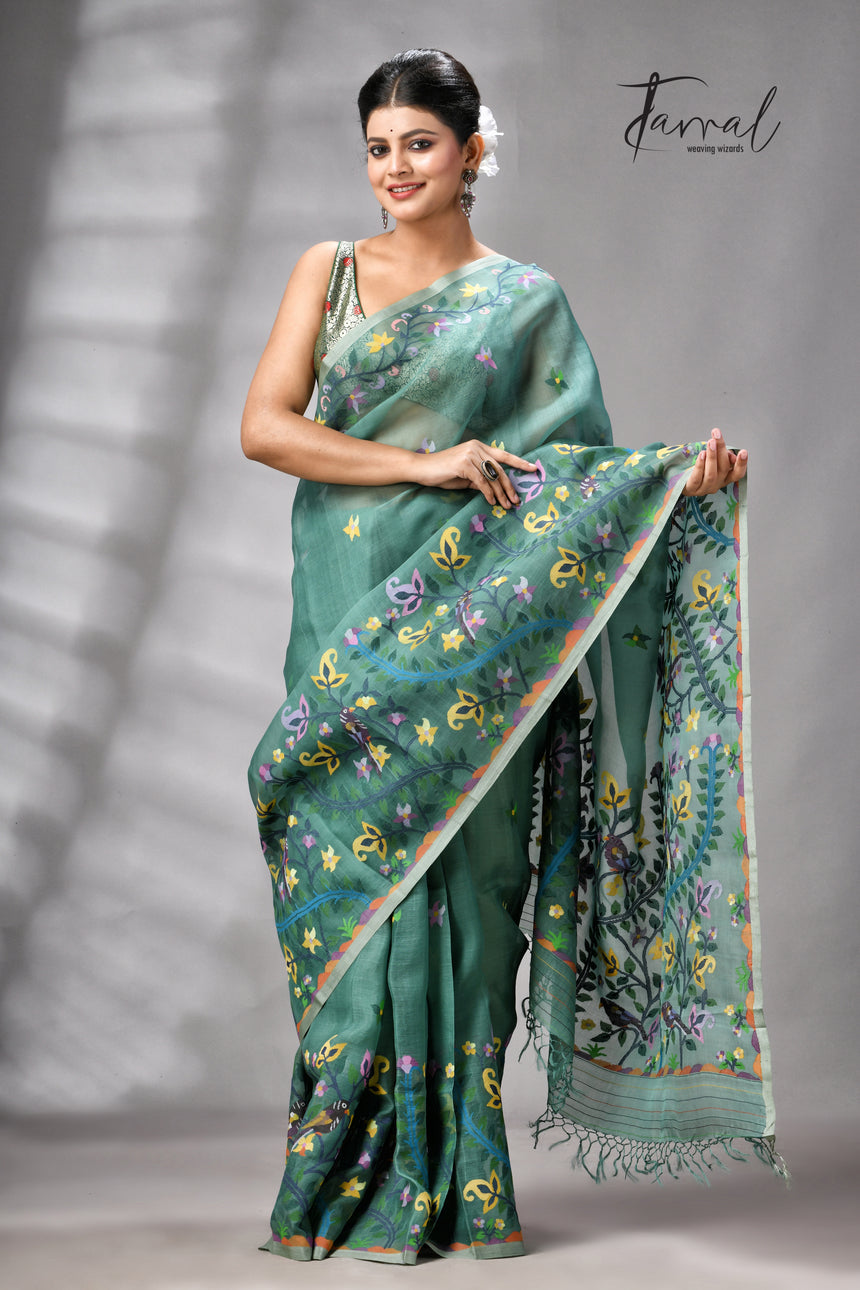 Pine Green Allover Floral With Birds Motifs Handwoven Muslin Silk Jamdani Saree