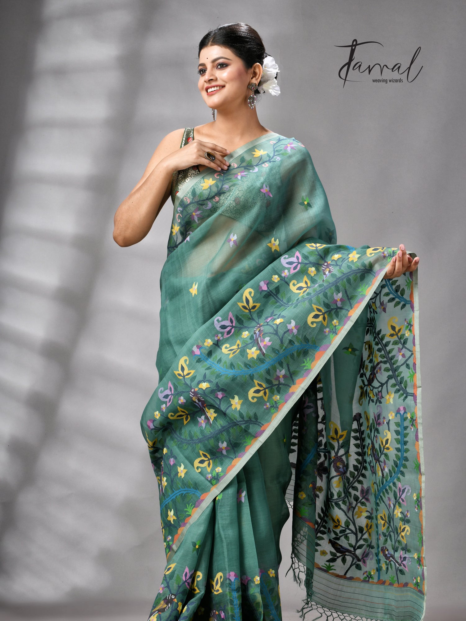 Pine Green Allover Floral With Birds Motifs Handwoven Muslin Silk Jamdani Saree